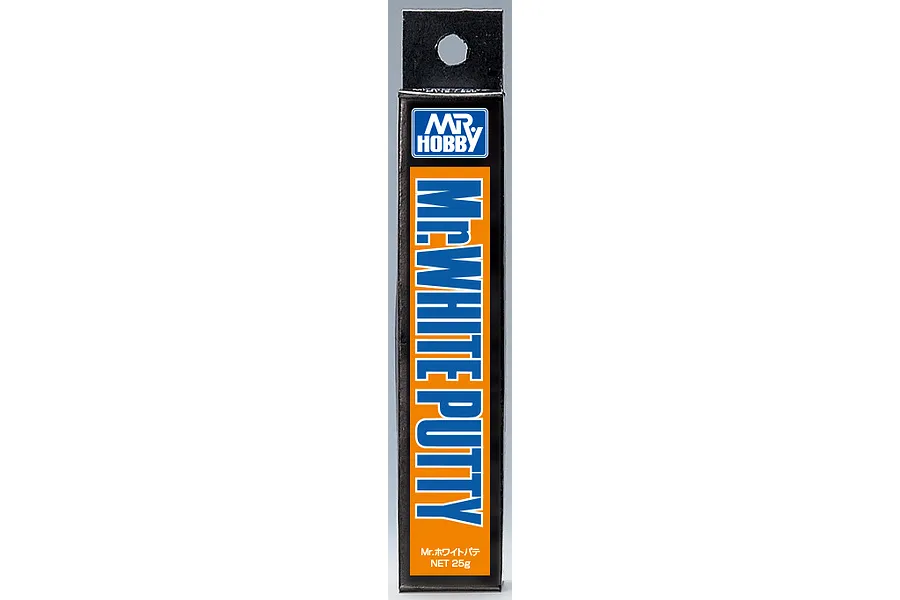 A vertical product box for Mr Hobby Mr White Putty 25g, featuring a black and orange design with the Mr Hobby logo and product name.