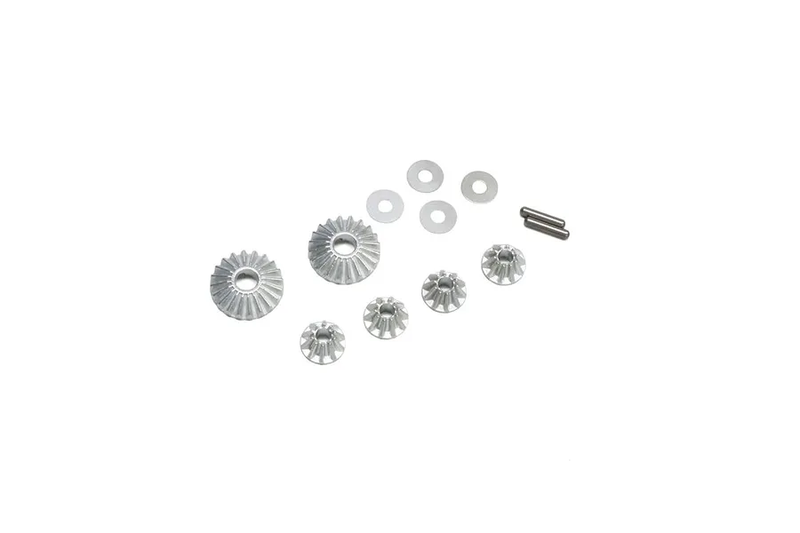 A set of Kyosho metal bevel differential gears, including two large bevel gears, four small satellite gears, three washers, and two metal pins.