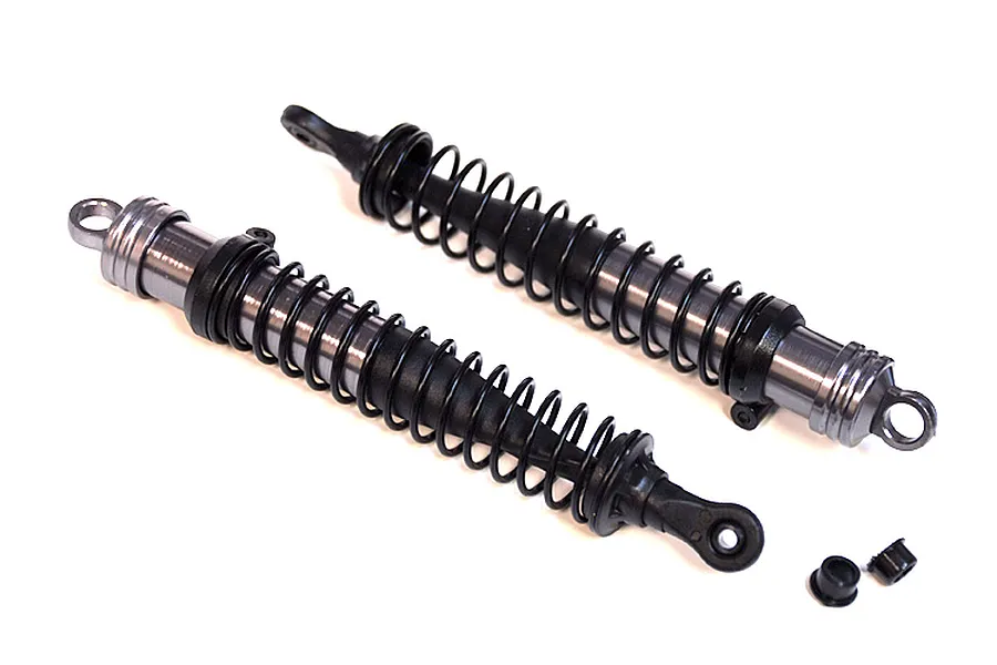 Two grey aluminium RC shock absorbers with black springs and plastic ends, shown on a white background.