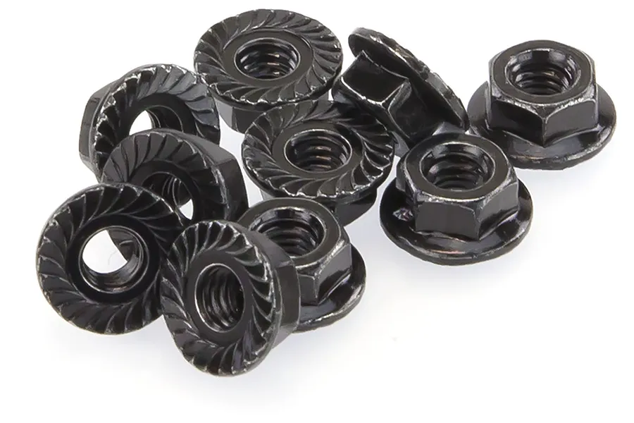 A cluster of ten black steel flanged serrated wheel nuts for RC vehicles.
