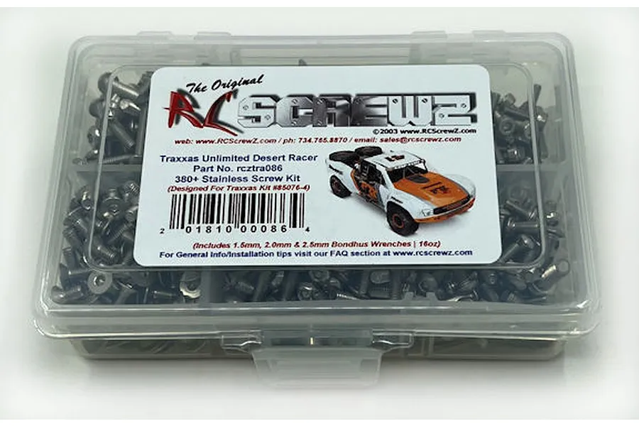 A clear plastic storage box filled with various stainless steel screws for a Traxxas Unlimited Desert Racer, featuring an RC Screwz label on top.