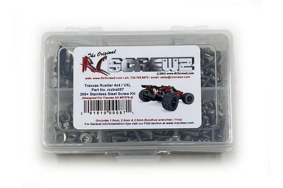 RC Screwz stainless steel screw kit for Traxxas Rustler 4x4 VXL in a clear plastic storage box with a product label.