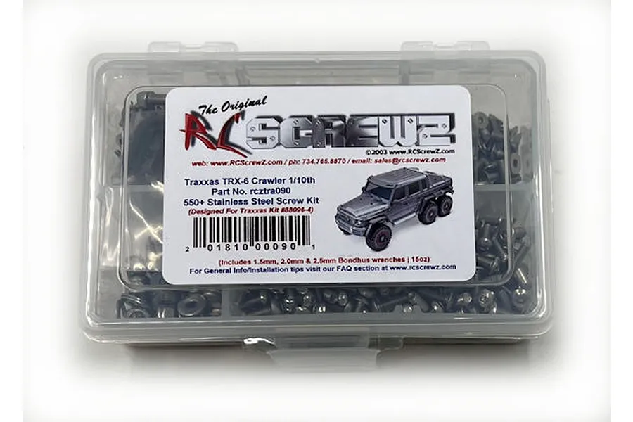RC Screwz stainless steel screw kit for Traxxas TRX-6 in a clear plastic storage container with a product label.