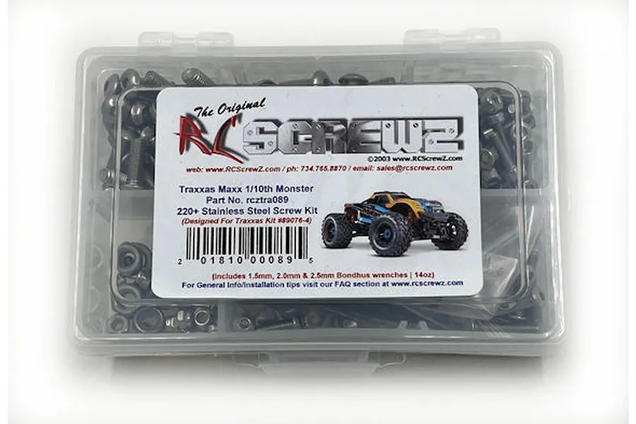 RC Screwz stainless steel screw kit for Traxxas Maxx in a clear plastic storage box with a product label.