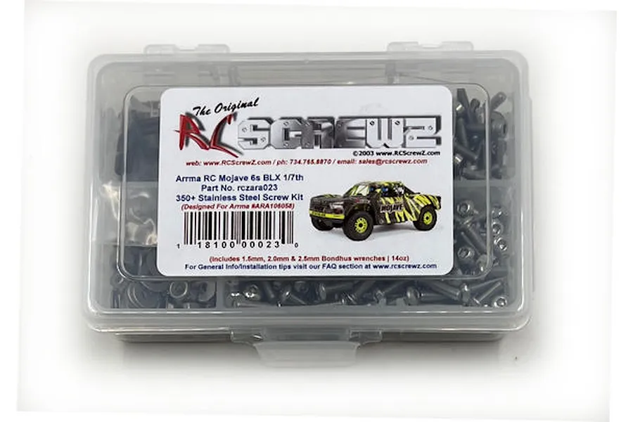 RC Screwz stainless steel screw kit for Arrma Mojave 6s BLX in a clear plastic storage container.