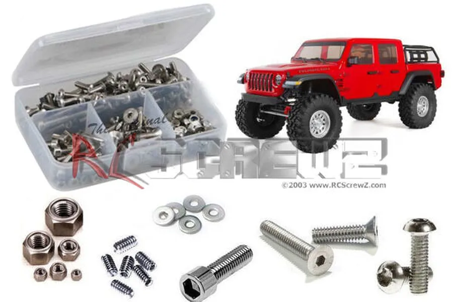 A stainless steel screw kit for the SCX10 III Jeep JT Gladiator, featuring a plastic storage box filled with various screws, nuts, and washers.