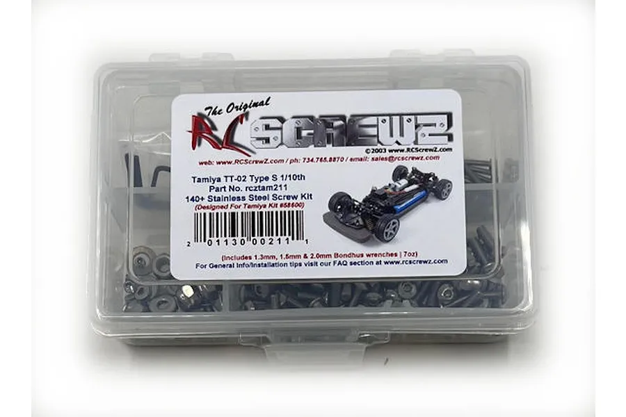 A clear plastic storage box filled with stainless steel screws and hex wrenches for a Tamiya TT-02 RC car, featuring an RC Screwz product label.