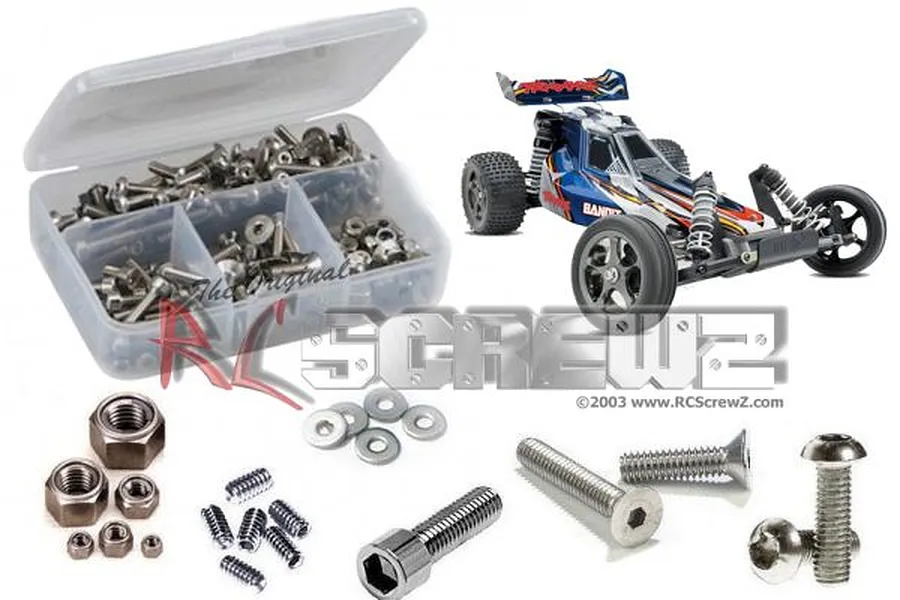 RC Screwz stainless steel screw kit for Traxxas Bandit VXL, featuring a plastic storage case filled with various screws, nuts, and washers.