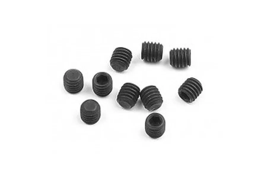 A collection of ten small black metal grub screws with hexagonal sockets, arranged on a plain white background.