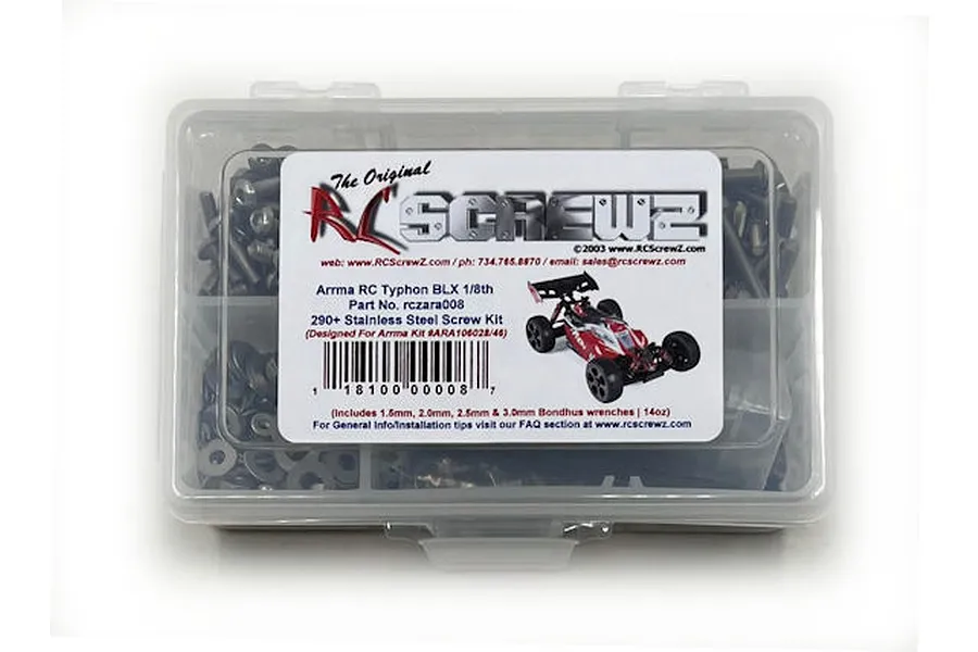 RC Screwz stainless steel screw kit for Arrma Typhon BLX in a clear plastic divided storage container with a product label.