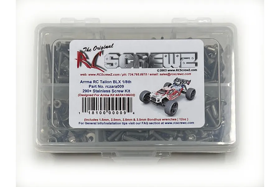 RC Screwz stainless steel screw kit for Arrma Talion BLX in a clear plastic divided storage box with product label.