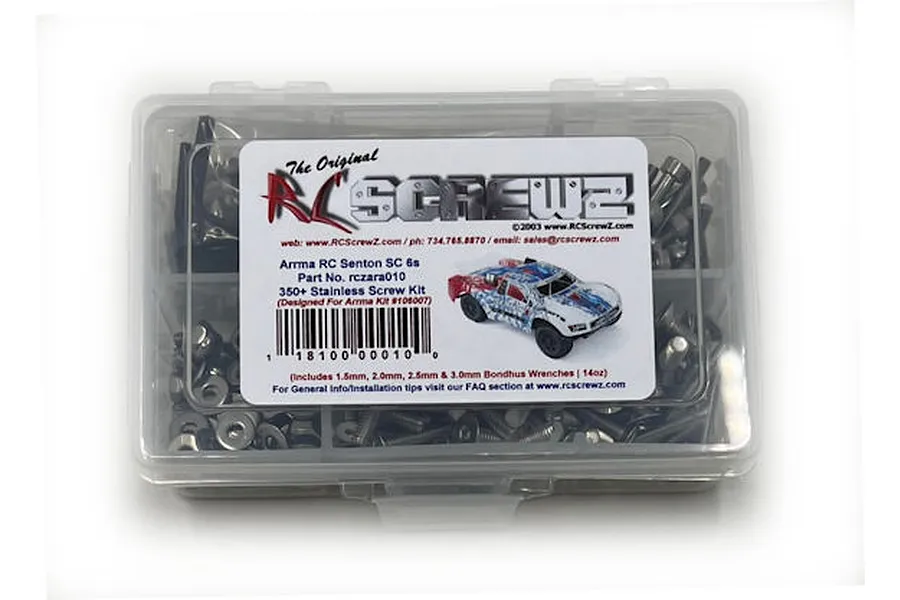 RC Screwz stainless steel screw kit for Arrma Senton 6S in a clear plastic storage box with a product label.
