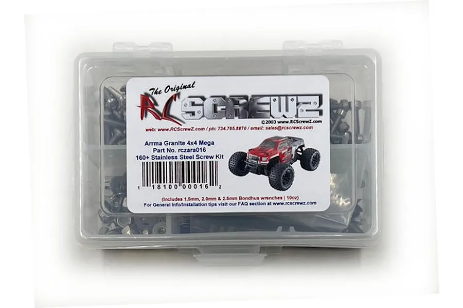 RC Screwz stainless steel screw kit for Arrma Granite 4x4 Mega in a clear plastic storage box with a product label.
