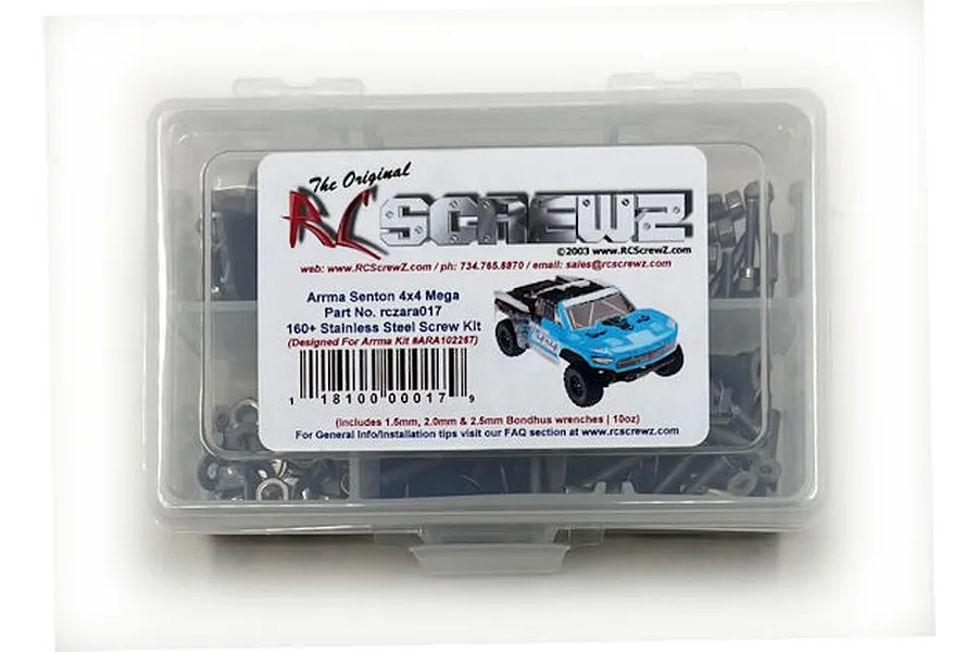 RC Screwz stainless steel screw kit for Arrma Senton 4x4 Mega in a clear plastic storage box with a product label.
