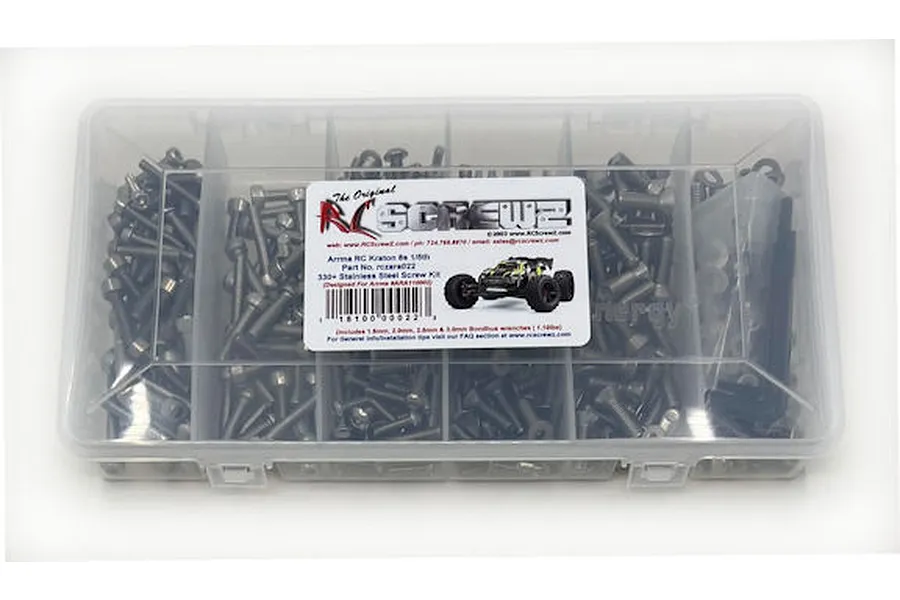 RC Screwz stainless steel screw kit for Arrma Kraton 8S in a clear plastic compartmented storage box.