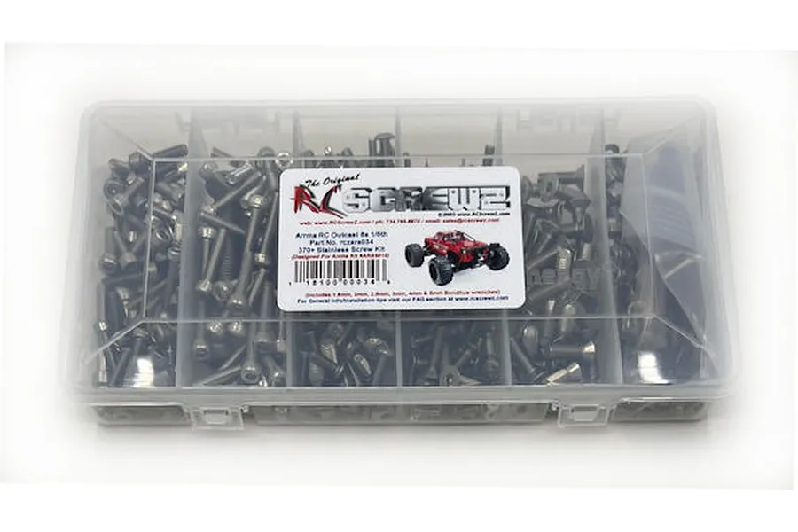 RC Screwz stainless steel screw kit for Arrma Outcast 8S in a clear plastic compartment box with a product label on top.