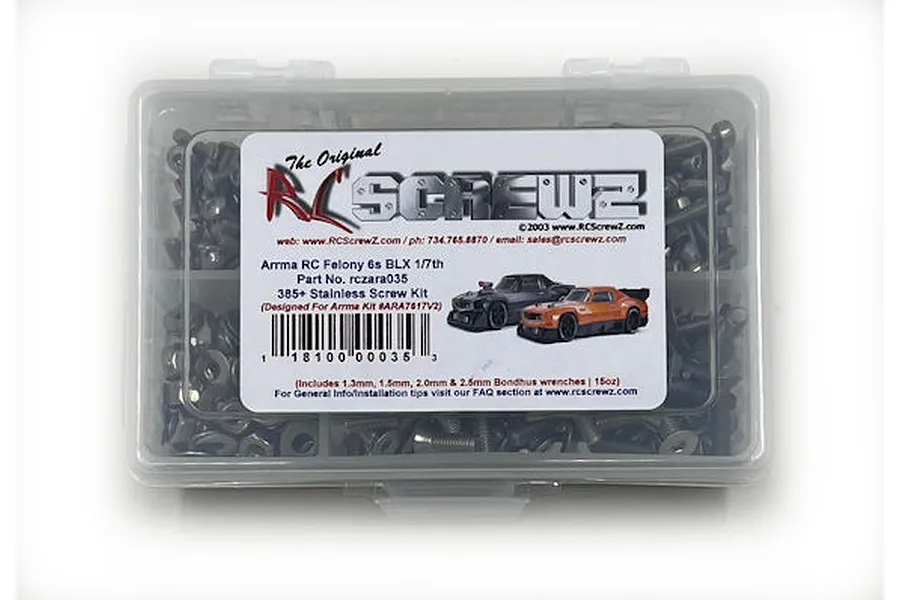 RC Screwz stainless steel screw kit for Arrma Felony 6S BLX in a clear plastic storage box with a product label.