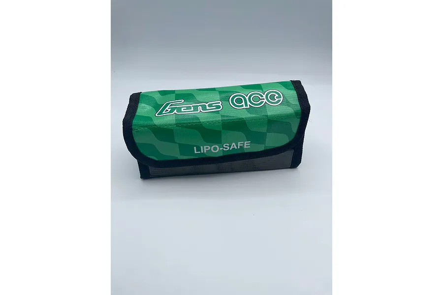 A green and black Gens Ace LiPo safe battery charging bag with a checkered pattern on a white background.