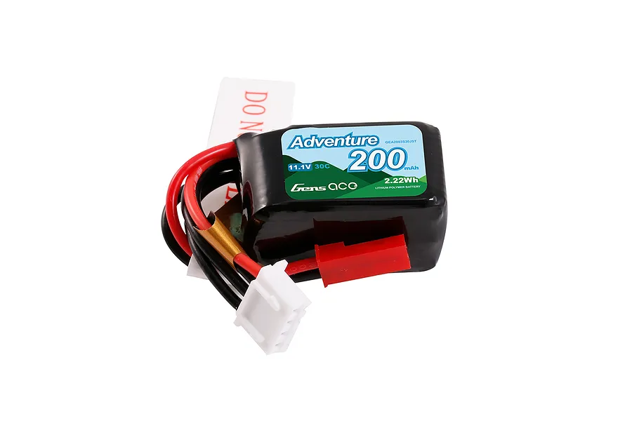 Gens Ace Adventure 11.1V 200mAh 3S LiPo battery with JST connector and balance plug against a white background.