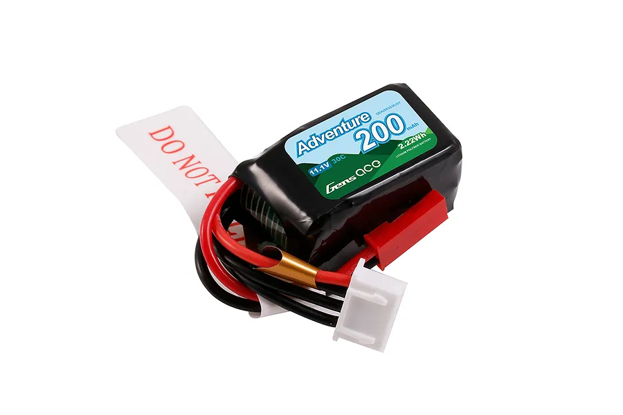 Gens Ace Adventure 11.1V 200mAh 3S LiPo battery with JST connector and warning label on a white background.