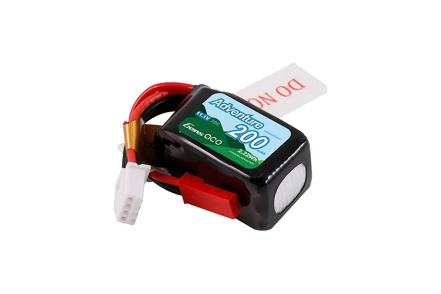 Gens Ace Adventure 11.1V 200mAh 3S LiPo battery with JST connector and white balance plug against a white background.