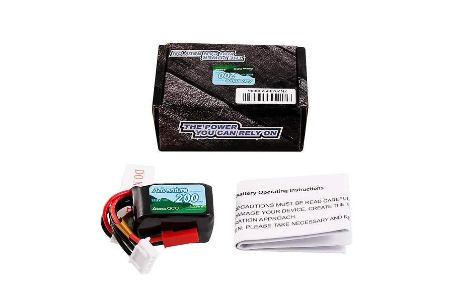 Gens Ace Adventure 11.1V 200mAh 3S LiPo battery, its cardboard packaging box, and a folded instruction manual on a white background.