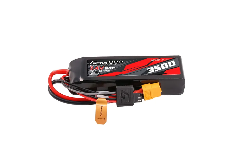Gens Ace G-Tech 7.4V 3500mAh 2S LiPo battery with soft case, XT60 connector, and G-Tech balance plug on a white background.