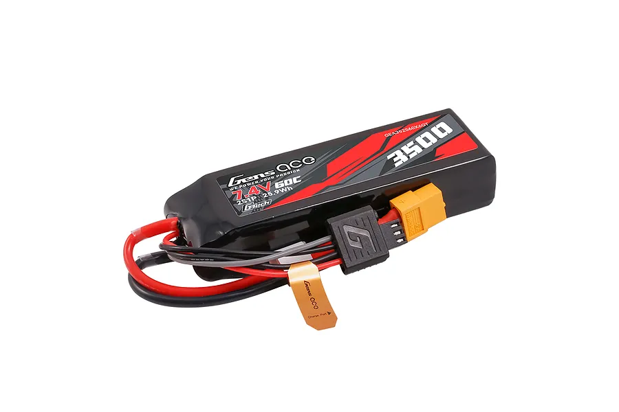 Gens Ace G-Tech 7.4V 3500mAh 2S LiPo battery with soft case, XT60 connector, and balance lead against a white background.
