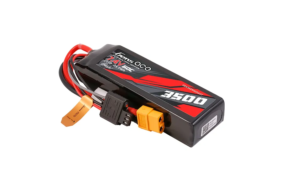 Gens Ace G-Tech 7.4V 3500mAh 2S LiPo battery with XT60 connector and G-Tech balance plug against a white background.