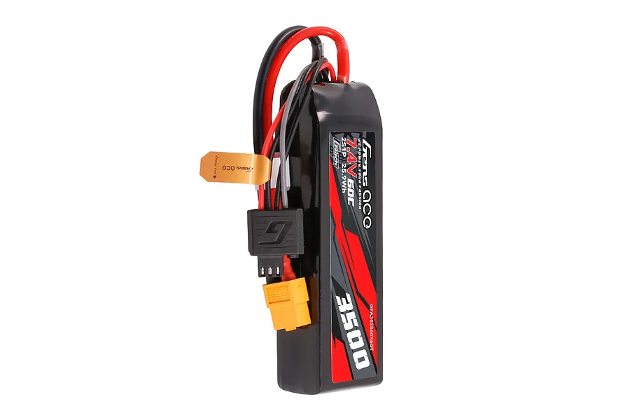 Gens Ace G-Tech 7.4V 3500mAh 2S LiPo battery with soft case, featuring red and black wires, a yellow XT60 connector, and a G-Tech balance plug.