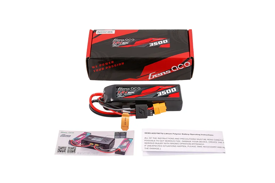 Gens Ace G-Tech 7.4V 3500mAh 2S LiPo battery, its cardboard packaging, and instruction manuals on a white background.