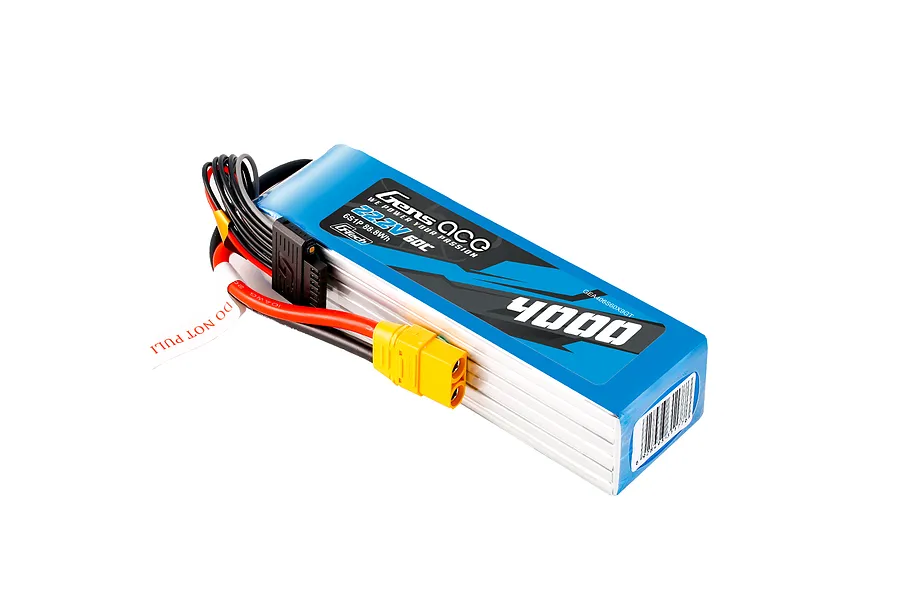 Gens Ace G-Tech 22.2V 4000mAh 6S LiPo battery with blue soft case, XT60 connector, and balance lead, isolated on a white background.