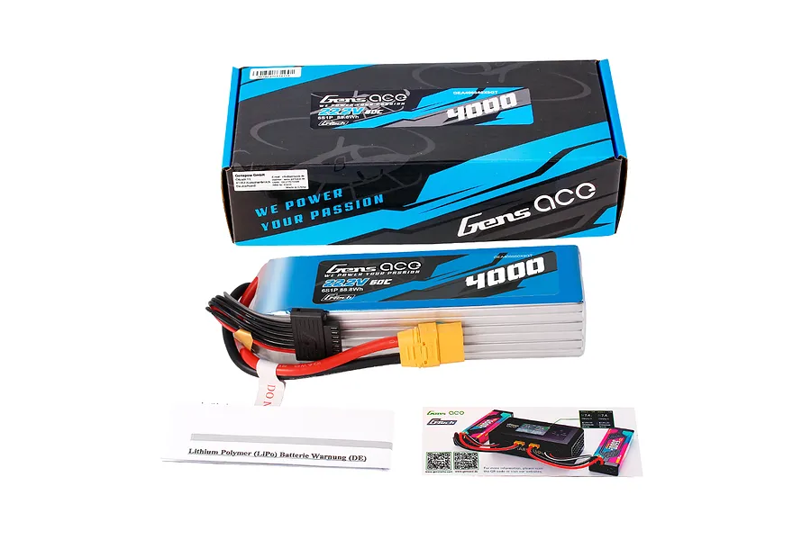 Gens Ace G-Tech 22.2V 4000mAh 6S LiPo battery, its cardboard packaging box, and included safety and informational leaflets on a white background.