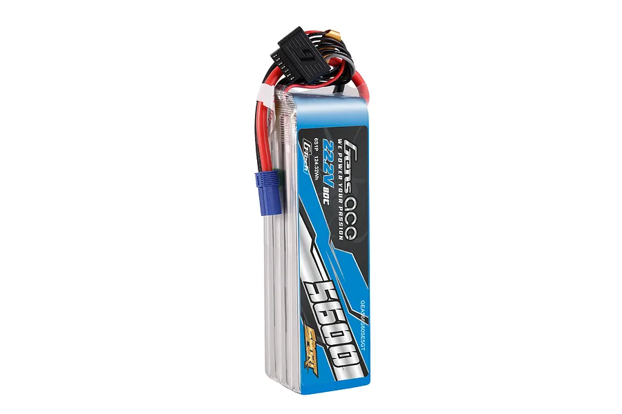 Gens Ace G-Tech Sport 6S 22.2V 5600mAh 80C LiPo battery with soft case, showing blue and black branding, wires, and connectors against a white background.