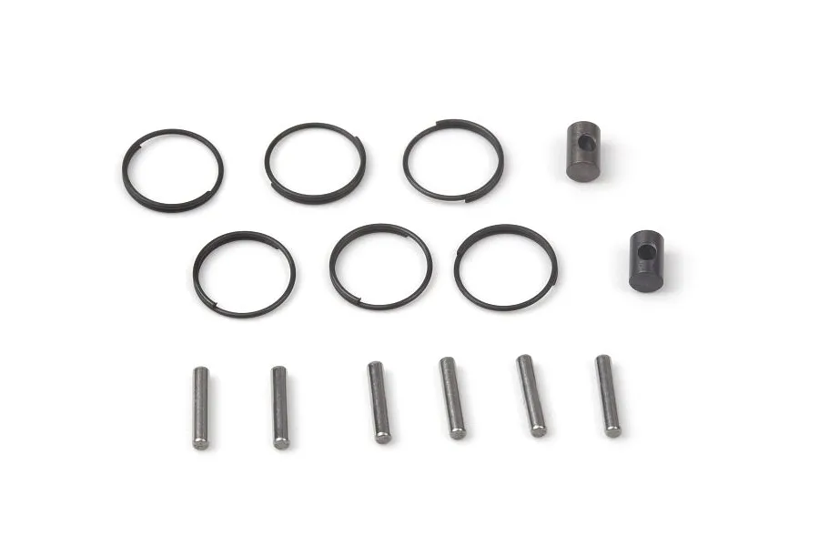 HPI Racing CVD driveshaft rebuild kit containing metal pins, barrel connectors, and retaining rings on a white background.