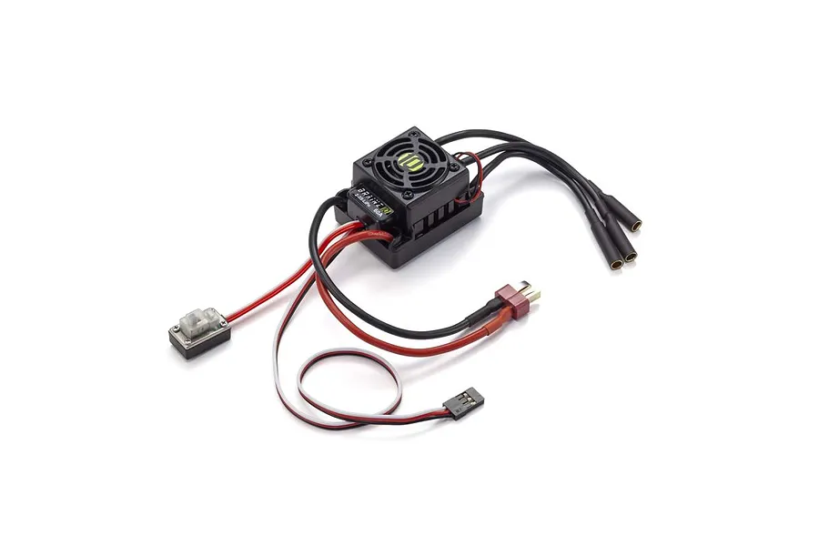 Kyosho Speed House Brainz 10 60A brushless ESC with cooling fan, power wires, T-plug connector, and receiver lead on a white background.