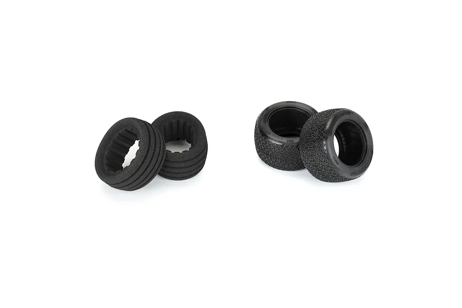 Two Pro-Line 2.2 inch Electron 2.0 stadium truck tyres and two matching foam inserts on a white background.