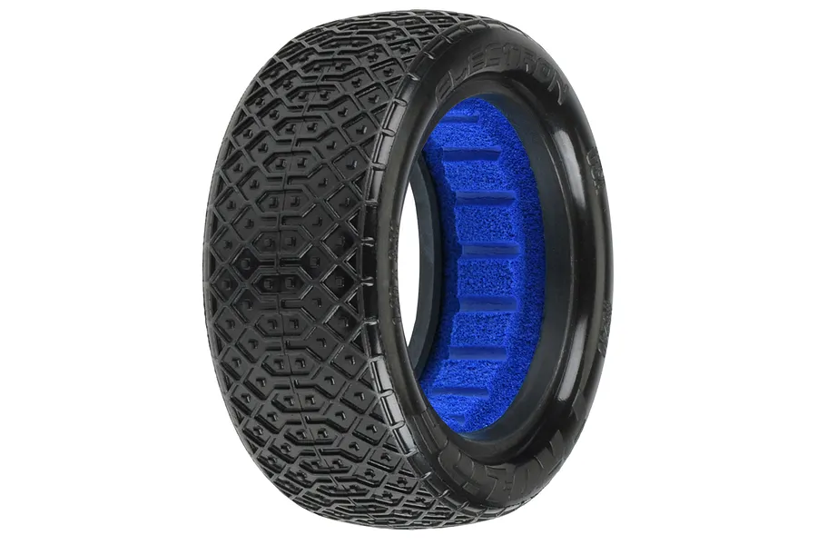 A single Pro-Line 2.2 inch Electron S3 4WD front RC buggy tyre featuring a complex hexagonal tread pattern and a bright blue foam insert.