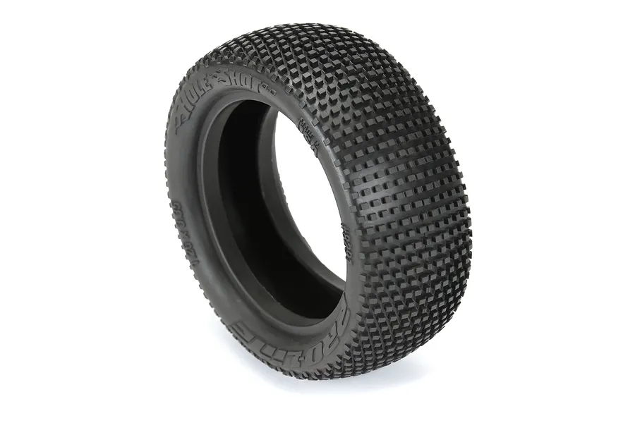 A single black Pro-Line Hole Shot 3.0 2.2 inch RC buggy front tyre with a square pin tread pattern, isolated on a white background.