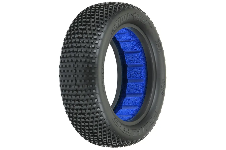 Pro-Line 2.2 inch Hole Shot 3.0 M4 front RC buggy tyre with blue foam insert, shown from a side angle.