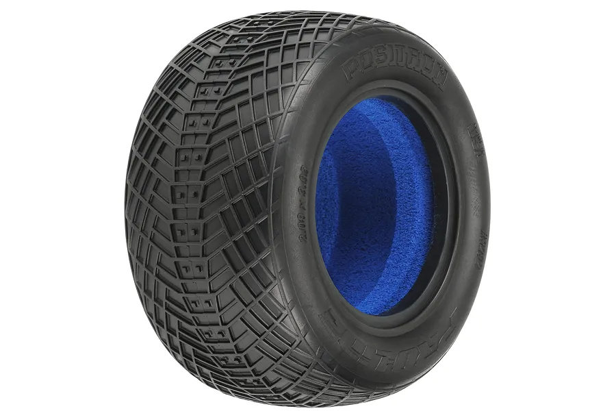 A single Pro-Line 2.2 inch Positron RC tyre with a distinct crisscross tread pattern and a bright blue foam insert visible inside.
