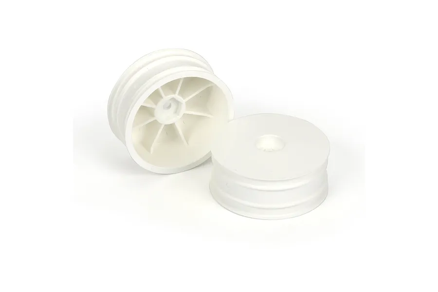 Two white Pro-Line 2.2 inch dish rims for 2WD RC buggies, shown from front and rear angles.