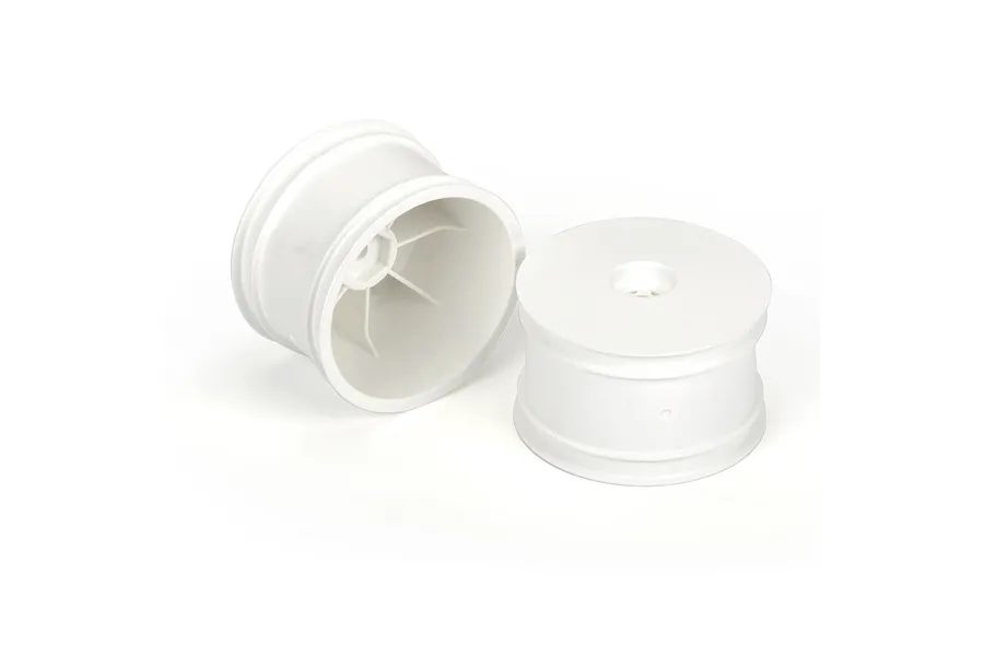 Two white Pro-Line 2.2-inch dish-style RC buggy rear wheels shown from front and back angles on a white background.