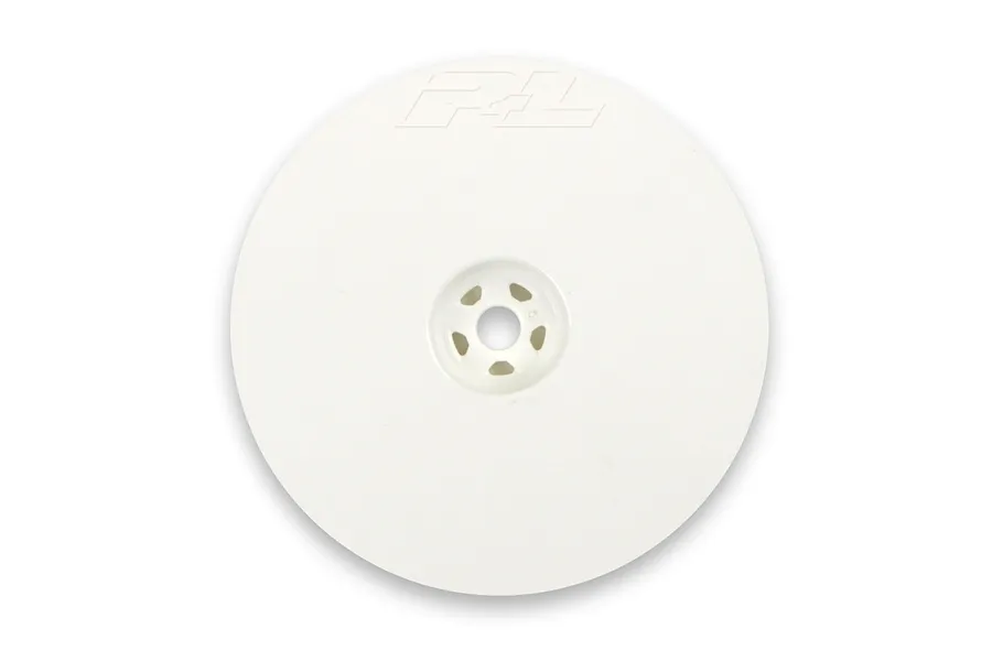 A single white Pro-Line 2.2 inch dish wheel for 2WD RC buggies, viewed from the front against a white background.