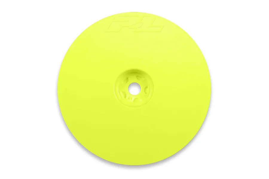 A bright yellow Pro-Line 2.2 inch dish wheel for 2WD RC buggies, viewed from the front.