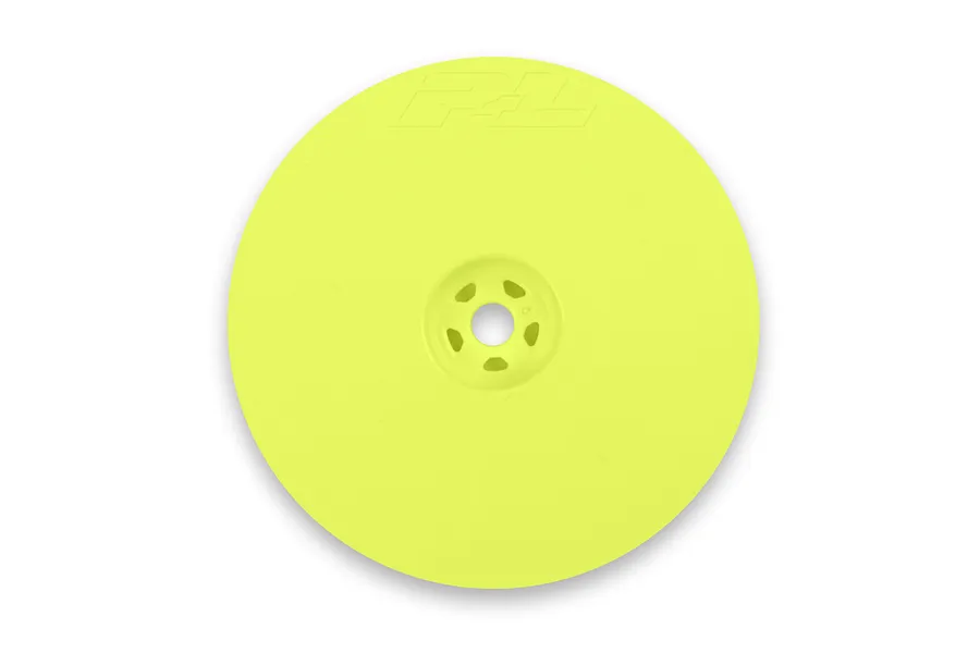 A bright yellow Pro-Line 2.2 inch dish wheel for RC buggies, shown from a direct front-on perspective against a white background.