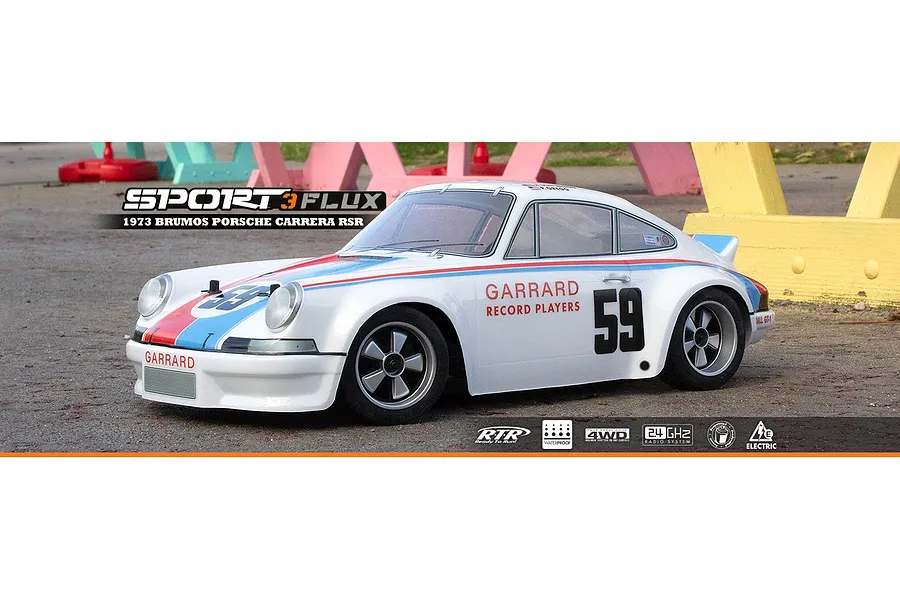 HPI Sport 3 Flux 1973 Brumos Porsche Carrera RSR RC car in white with racing livery, parked on a paved surface.