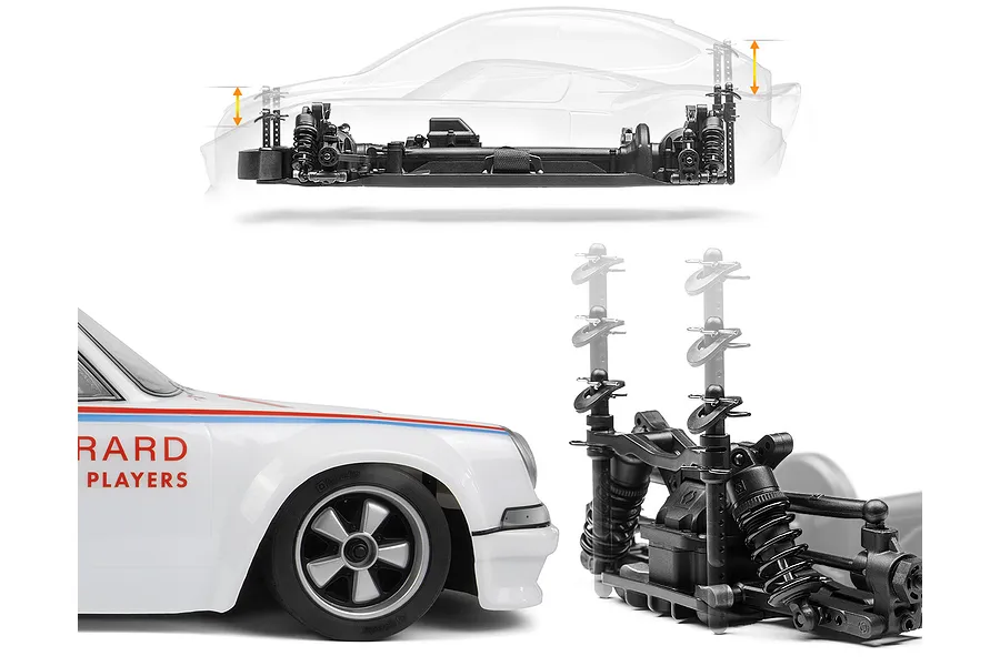 Diagram showing adjustable body post height on an HPI Sport 3 RC chassis with a Porsche Carrera RSR body shell.