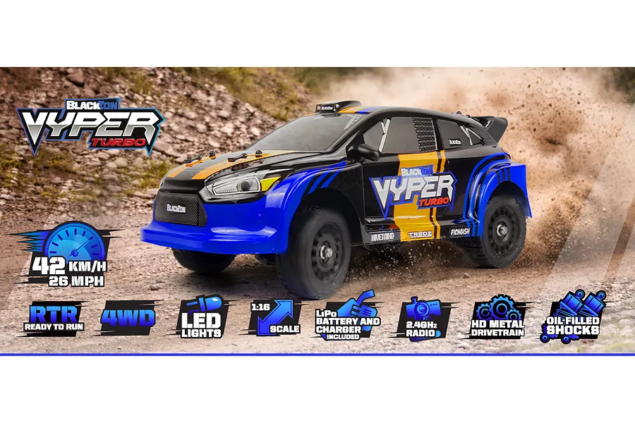 BlackZon Vyper RX Turbo RC Rally Car Electric 4WD 1/16 Scale RTR - Blue/Orange image 153063