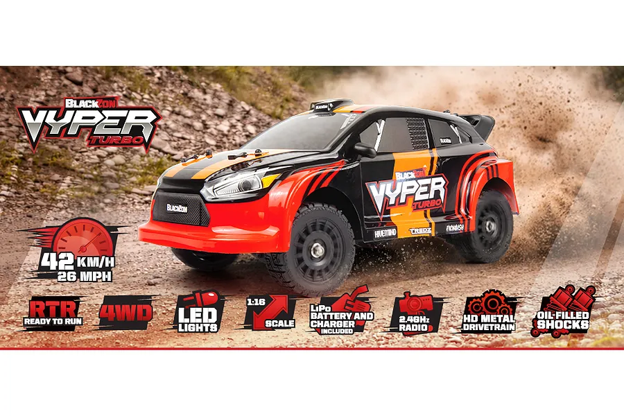 BlackZon Vyper RX Turbo RC Rally Car Electric 4WD 1/16 Scale RTR - Red/Orange image 153064